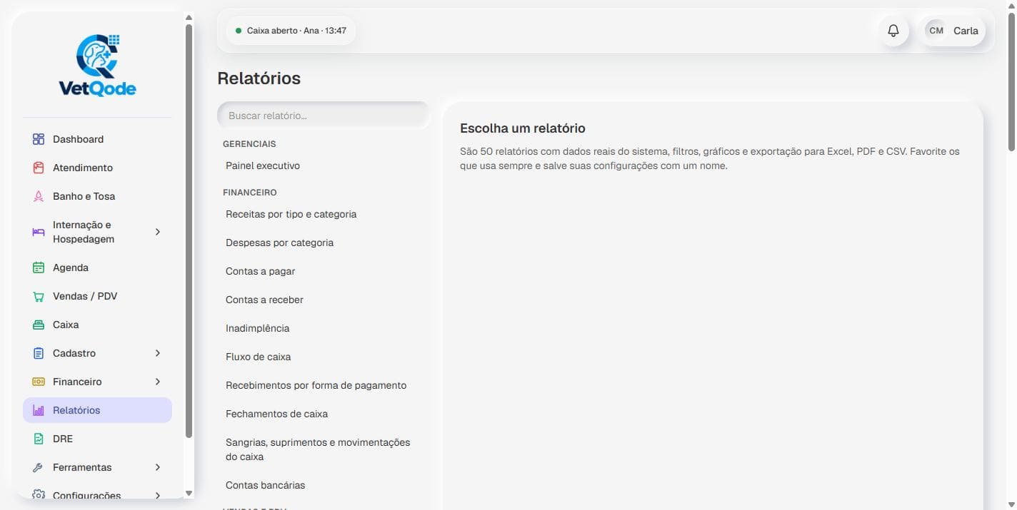 Tela real do VetQode: Relatórios